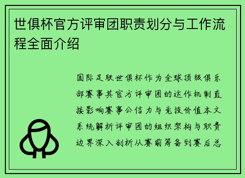 世俱杯官方评审团职责划分与工作流程全面介绍